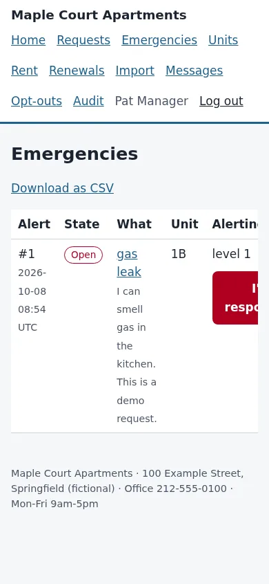 The Emergencies page: one open alert for a gas leak in unit 1B, with its time, the alert level and an I'm responding button.