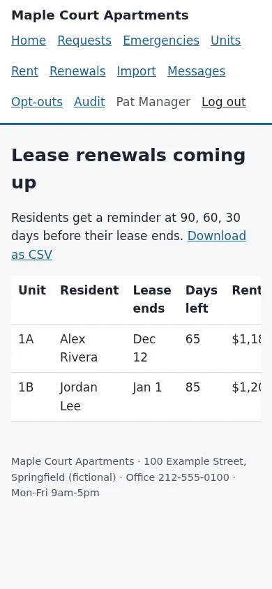 The Lease renewals coming up page: a table of units, residents, lease end dates, days left and rent.