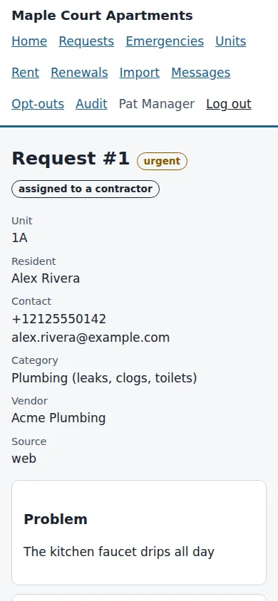 A request's detail page for staff: urgent label, unit, resident, contact, category, vendor, the problem as written, and a timeline.