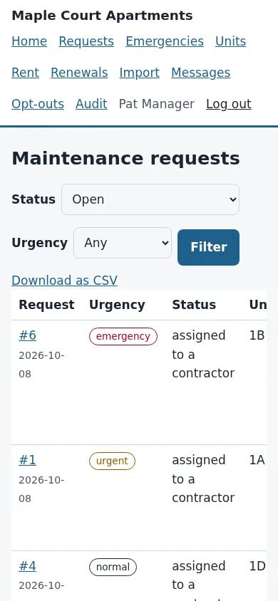 The staff list of maintenance requests with filters for status and urgency, and rows labelled emergency, urgent or normal.