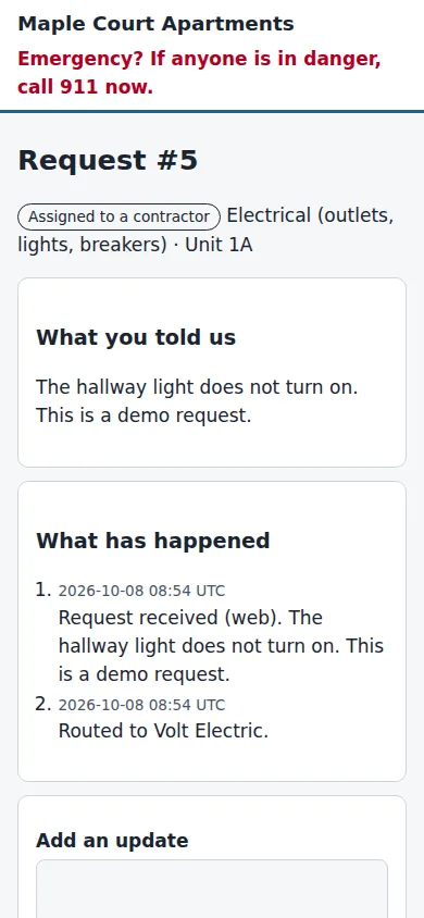 A resident's request status page: Request number, an Assigned to a contractor label, what the resident told us, what has happened, and a box to add an update.