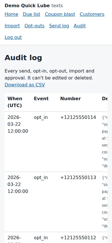 The Audit log: a table of events such as opt in, opt out and suppress, each with a time, a number and details.