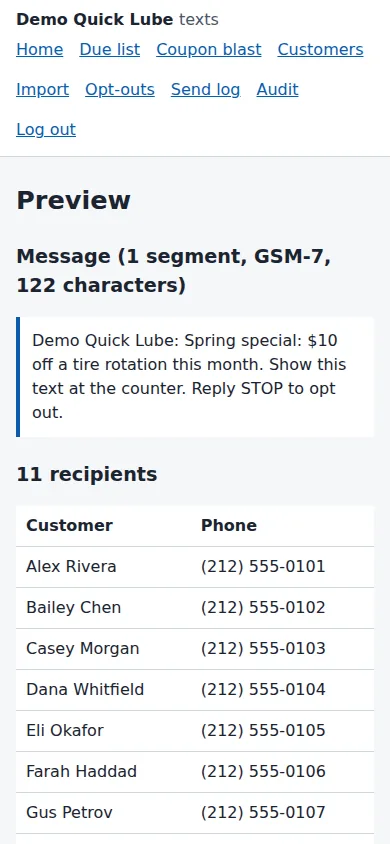 The coupon blast Preview: the message with the business name and Reply STOP to opt out added, its length in characters and segments, and a table of recipients.