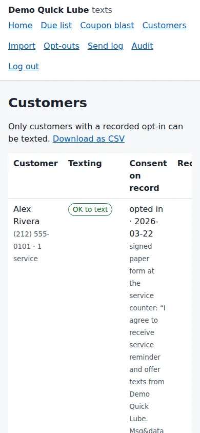 The Customers page: a table of customers with an OK to text label and the consent on record, including the date, how it was collected and the wording.