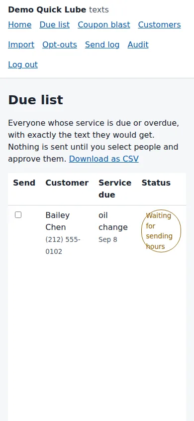 The Due list: a table of customers with the service due, a status such as Waiting for sending hours or Blocked, and the exact text each would receive.