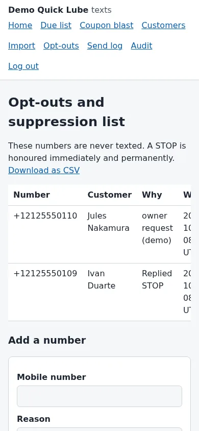 The Opt-outs and suppression list: numbers that are never texted, with the reason and time, and an Add a number form.