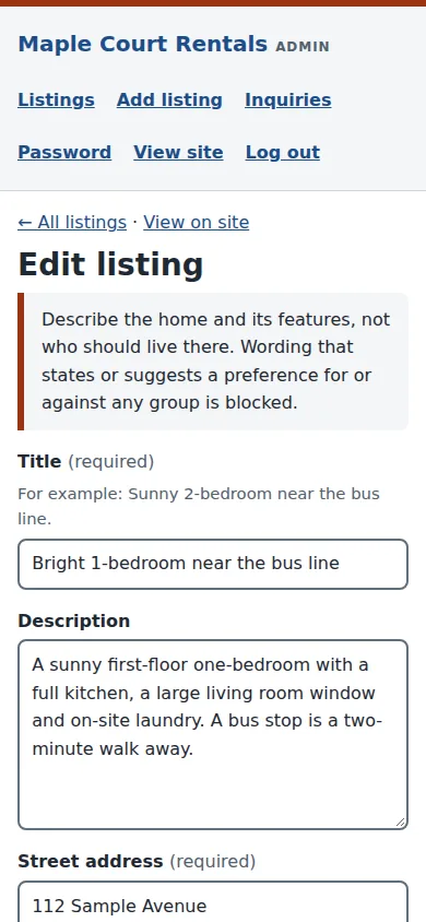 The Edit listing form with a notice that wording for or against any group is blocked, then title, description and street address fields filled with demo text.