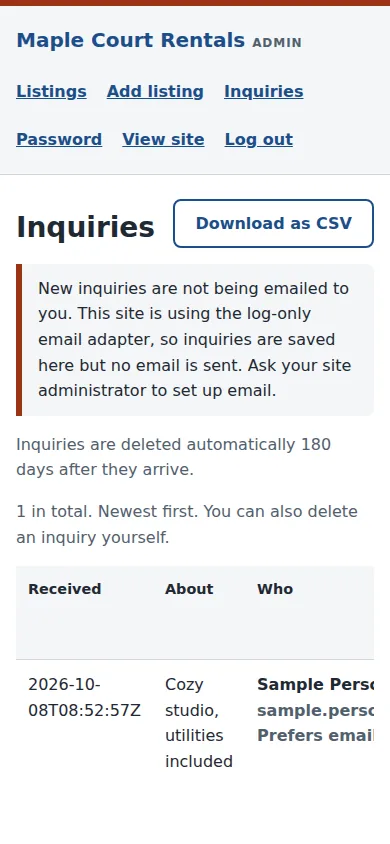 The owner's Inquiries page: a Download as CSV button, a note that inquiries are deleted automatically after 180 days, and a table with the date received, the listing, who sent it, the message and whether it was emailed.