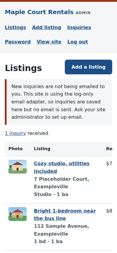 The owner's Listings page: a notice about log-only email, a count of inquiries, and a table of listings with photo, address, rent, status and Edit, Mark leased and Archive links.