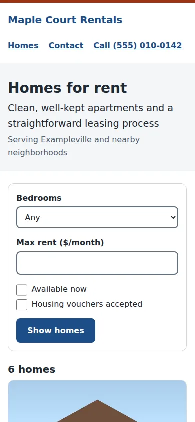 Demo rental site home page: the heading Homes for rent, a filter bar with bedrooms, maximum rent, available now and housing vouchers accepted, and a grid of listing cards with illustrated houses.