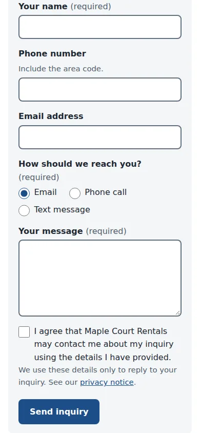 The inquiry form: your name, phone number, email address, how should we reach you, and a message.