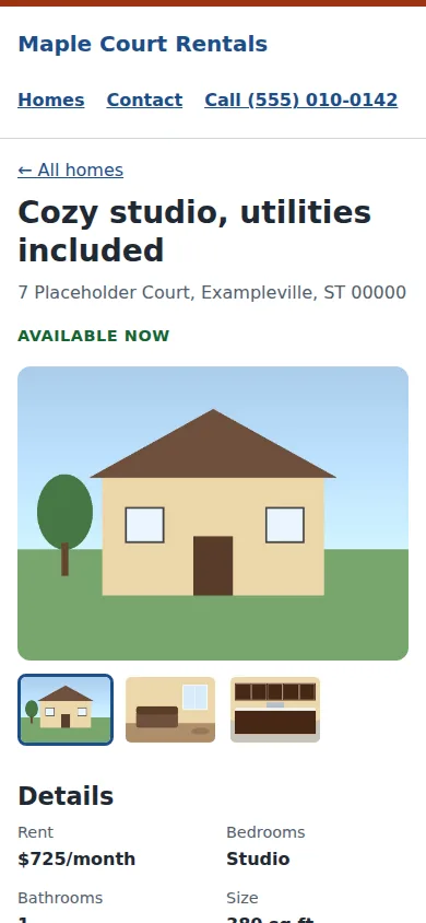 A listing page titled Cozy studio, utilities included, with its address, an Available now label, a large illustrated photo and an Ask about this home form.