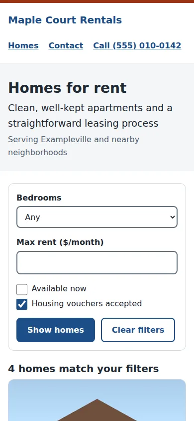 The same page with the housing vouchers accepted box ticked, the line 4 homes match your filters, and a Clear filters button beside Show homes.